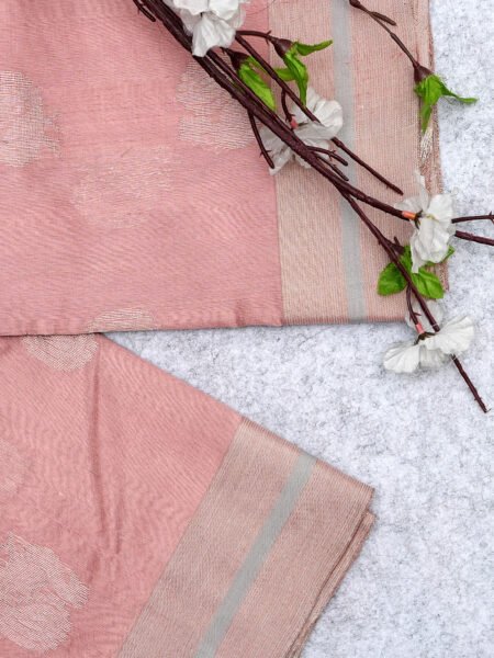 Peach Blossom – Pure Chanderi Silk Saree with Yellow Self-Design and Rose Gold Border