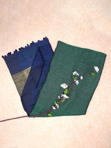 Azure Blossom – Pure Linen Saree in Blue & Green