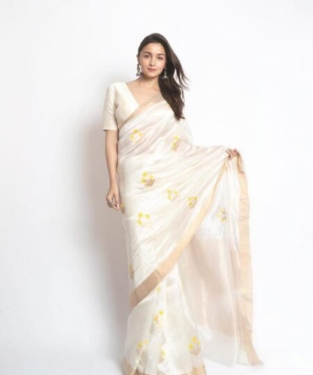 Off-White Chanderi Pattu Silk Saree with Yellow Self-Design and Metallic Zari Border