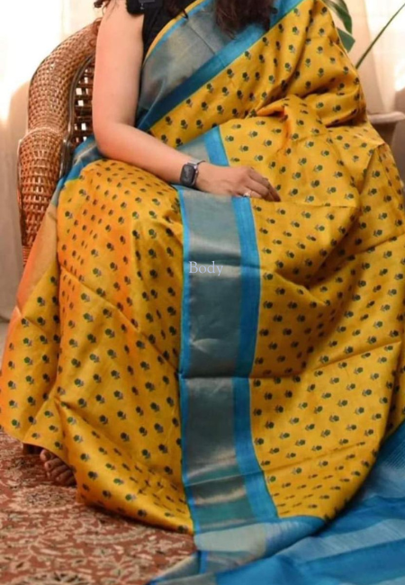 Golden Horizon – Handcrafted Yellow Pure Tussar Silk Saree with Blue Border